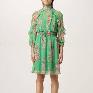 Pinko Accumoli Abito Chiffon Floral Ruffle 3/4 Sleeve Dress Green 10